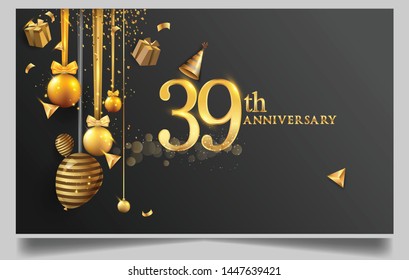 39th years anniversary design for greeting cards and invitation, with balloon, confetti and gift box, elegant design with gold and dark color, design template for birthday celebration.