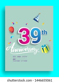 39th Years Anniversary invitation Design, with gift box and balloons, ribbon, Colorful Vector template elements for birthday celebration party.