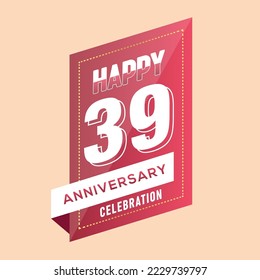 39th years anniversary logo template on brown background. celebrating whitenumbers with whiteribbon vector and confetti isolated design elements
