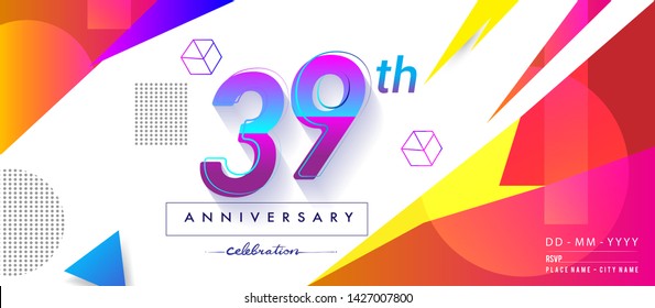 39th years anniversary logo, vector design birthday celebration with colorful geometric background and circles shape.