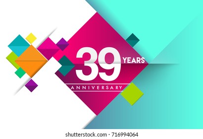 39th years anniversary logo, vector design birthday celebration with colorful geometric isolated on white background.