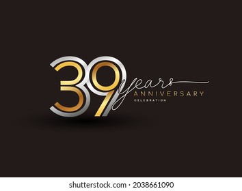 39th years anniversary logotype with multiple line silver and golden color isolated on black background for celebration event.