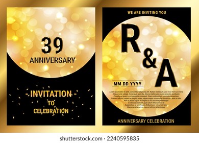 Vector de 39 años de cumpleaños papel negro de lujo invitación doble carta. Folleto de la celebración del aniversario de la boda. Plantilla invitacional para impresión de fondo negro y dorado