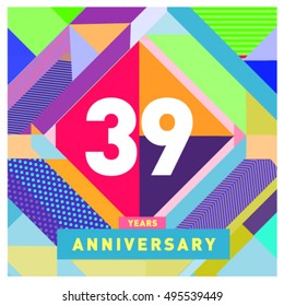 39th years greeting card anniversary with colorful number and frame. logo and icon with Memphis style cover and design template