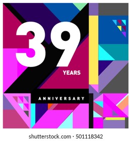 39th years greeting card anniversary with colorful number and frame. Memphis style cover and design template