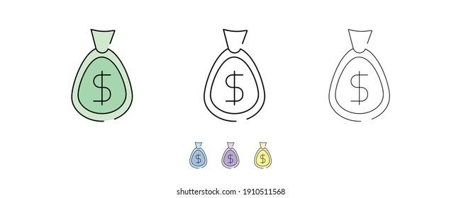 3-bag icon set. Saving money, Do enter an Uptrend. Icon bag set in different colors and different thickness. Money bag line icons set vector illustration. Modern line art.