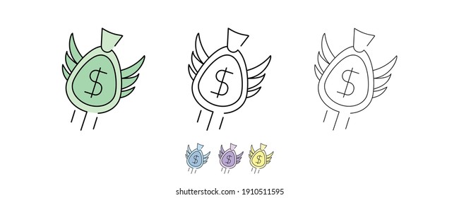 3-bag wings icon set. Saving money, Do enter an Uptrend. Icon wing bag set in different colors and different thickness. Money bag line icons set vector illustration. Modern line art.