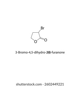 3-Bromo-4,5-dihydro-2(3H)-furanone skeletal structure. Brominated Lactone compound schematic illustration. Simple diagram, chemical formula.