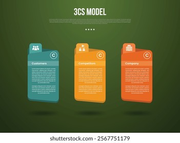 3C analysis business model infographic template with creative folder box container with dark background style with 3 point for slide presentation vector