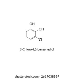 3-Chloro-1,2-benzenediol skeletal structure. Aromatic Diol compound schematic illustration. Simple diagram, chemical formula.
