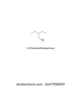 Estrutura esquelética de 3-(clorometil)pentano Ilustração esquemática do composto de haloalcano. Diagrama simples, fórmula química.
