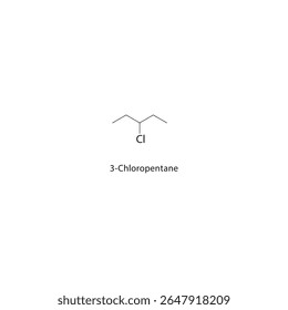 Estrutura esquelética de 3-cloropentano Ilustração esquemática do composto de haloalcano. Diagrama simples, fórmula química.