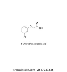 Estrutura esquelética do ácido 3-clorofenoxiacético. Ilustração esquemática do composto de fenoxiácido clorado. Diagrama simples, fórmula química.