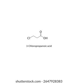 Estrutura esquelética do ácido 3-cloropropanóico Ilustração esquemática do composto de ácido carboxílico halogenado. Diagrama simples, fórmula química.