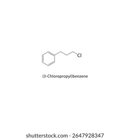 Estrutura esquelética de (3-cloropropil)benzeno Ilustração esquemática do composto de arilalcano halogenado. Diagrama simples, fórmula química.