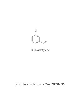 Estrutura esquelética de 3-cloroestireno. Ilustração esquemática do composto de vinilbenzeno halogenado. Diagrama simples, fórmula química.
