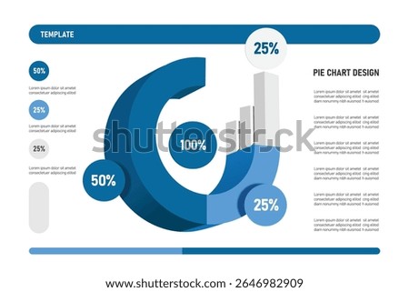 3color circle chart is divided into 3 parts: 50% and 25% 2 parts represent the 25% profit, vector 3d illustration for info graphic design, Template for reporting the results of a one hundred percent 