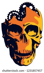 A 3-color vector illustration of a cracked skull with cogs and wheels -a gear head at home in any industrial project, band flier, garage, biker bar, or game/music room. - 11x17 aspect ratio, isolated.