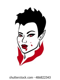 3-color vector illustration of seductive asian vampire demon girl with red eyes, stylish short haircut and blood splashes on her face isolated on white background, graphic element for halloween design