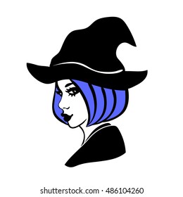 3-color vector illustration of young & attractive witch with full lips, blue hair and bob haircut wearing hat isolated on white background. Girl in hag's costume, graphic element for halloween design

