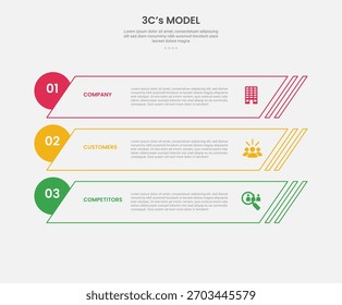 3cs model framework infographic outline style with 3 point template with skew rectangle and circle badge at edge for slide presentation vector