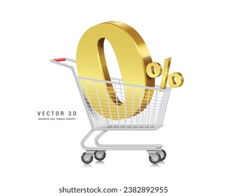 3D 0% gold numbers placed on shopping cart or trolley For designing promotions with no interest or no fee, vector 3d isolated for financial advertising concept design