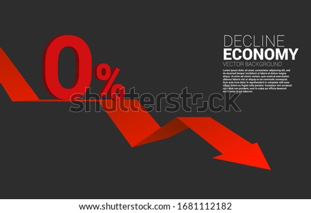 3D 0% interest with with down trend graph. Concept of decline economic and crisis bank policy.