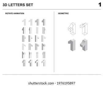 3d 1 Number Letters Set Animate Isometric Wireframe Vector