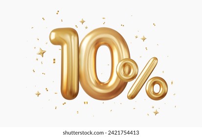 3d 10 percent off discount promotion sale made of realistic Gold helium balloons. 3d rendering. Vector illustration