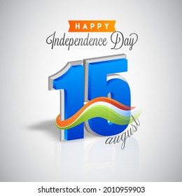 3D 15 Number Of August With Tricolor Wave On Gray Background For Happy Independence Day.