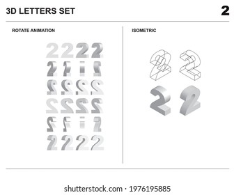 3d 2 Number Letters Set Animate Isometric Wireframe Vector