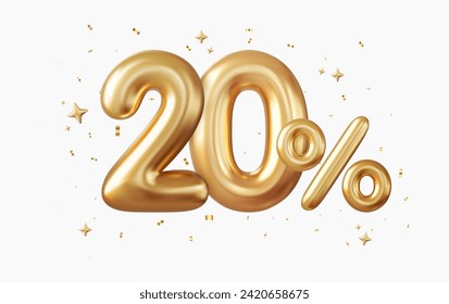 3d 20 percent off discount promotion sale made of realistic Gold helium balloons. 3d rendering. Vector illustration