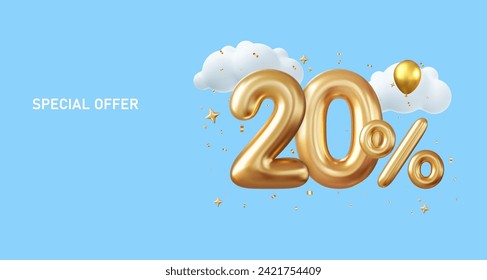 3d 20 percent off discount promotion sale made of realistic Gold helium balloons. Sale banner and poster. 3d rendering. Vector illustration