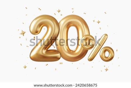 3d 20 percent off discount promotion sale made of realistic Gold helium balloons. 3d rendering. Vector illustration