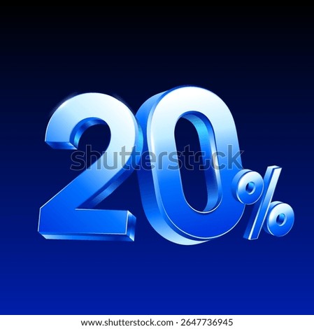 3d 20% or 20 percent rendered in blue metal style, vector illustration. 20 percent icon in 3d vector