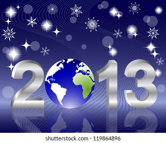 3d 2013 New Year with globe and reflection on the holiday background. Vector illustration.