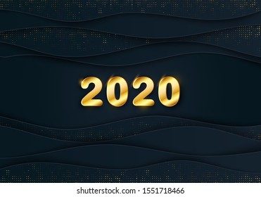 3d 2020 gold lettering. Luxury Merry Christmas and Happy New Year banner with golden glitter halftone effect. Glamour Glossy add layout for Xmas winter holidays. Papercut black waves Vector header
