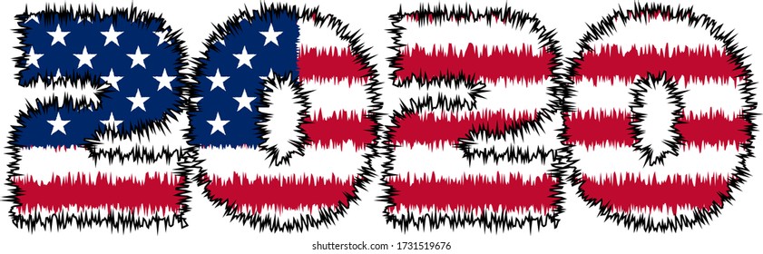 3D 2020 text with American flag inside the text. Vector illustration on white background. USA flag in text. American flag in letters. National emblem. Patriotic illustration.