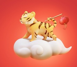 3d 2022 Chinese New Year Zodiac Sign Design. Cute Tiger Standing On White Auspicious Cloud