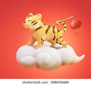 3d 2022 Chinese new year zodiac sign design. Cute tiger standing on white auspicious cloud