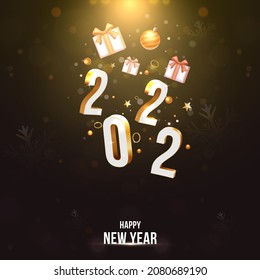 Número 3D 2022 Con Cajas De Regalo Realistas, Balas De Oro, Estrellas Con Efecto De Luz De Bokeh Negro Fondo Para El Concepto De Año Nuevo.
