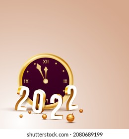 3D 2022 Number With Wall Clock, Realistic Golden Baubles On Glossy Peach Background.