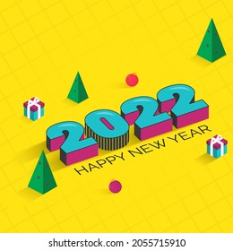 3D 2022 Text With Xmas Trees, Baubles And Gift Boxes On Yellow Criss Cross Background.