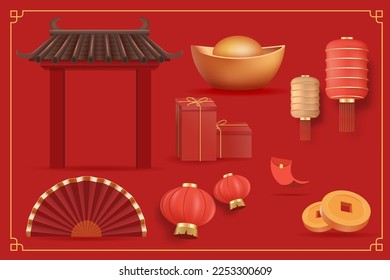 3D 2023 CNY Elements. Illustration of Spring Festival Objects in Set Including Lantern, Coins, Fan, Chinese Gate, Gift Box, Red Envelope Vector Illustration. 