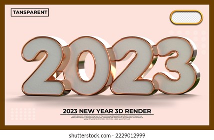 3D 2023 new year white, goldwhite abstract transparent background