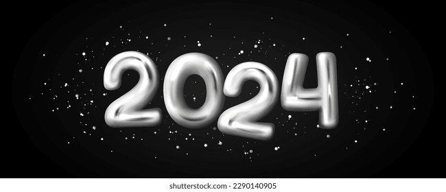 3d 2024 text for Happy New Year banner. Greeting card template with glossy silver balloons in numbers shape and confetti, vector realistic illustration on black background