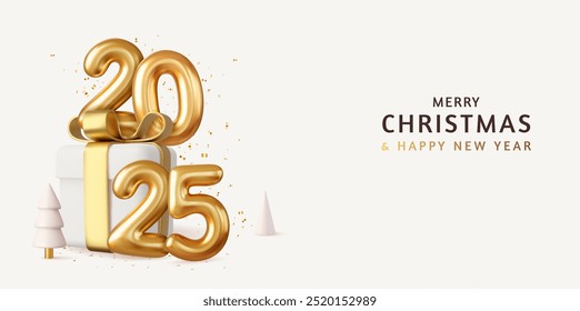 3d 2025 Happy New Year. Realistic gift box Golden Balloons number. Christmas Poster, banner, cover card, brochure, flyer, layout design. 3d rendering. Vector illustration