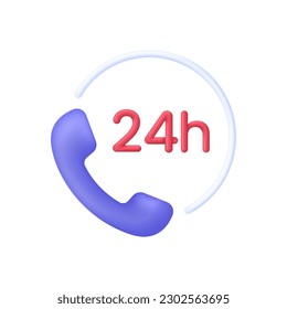 3D 24 hours phone support illustration. Hotline customer service concept. Call center. Trendy and modern vector in 3d style.