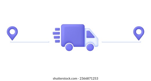 3D 24,7 hours delivery illustration. The truck moves from one point to another. Express delivery, shipping, truck icon, quick move. Fast delivery concept. Trendy and modern vector in 3d style