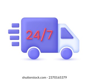 3D 24,7 hours delivery illustration. Express delivery, shipping, truck icon, quick move. Fast delivery concept. Trendy and modern vector in 3d style.